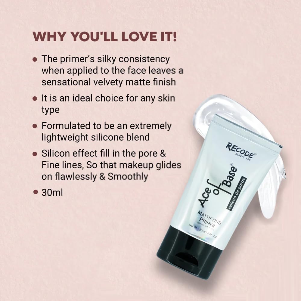 Recode Ace of Base Mattifying Primer for Face Makeup 30ml | Applicable on Oily & Dry Skin | Blurs Fine Lines, Wrinkles & Pores