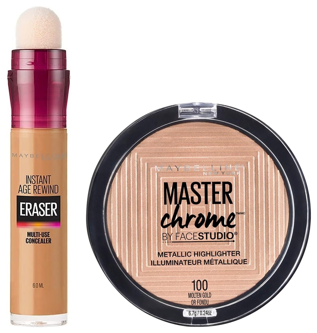 Maybelline New York Instant Age Rewind Concealer, Caramel, 6ml and Maybelline New York Face Studio Master Chrome Metallic Highlighter, Molten Gold, 6.7g
