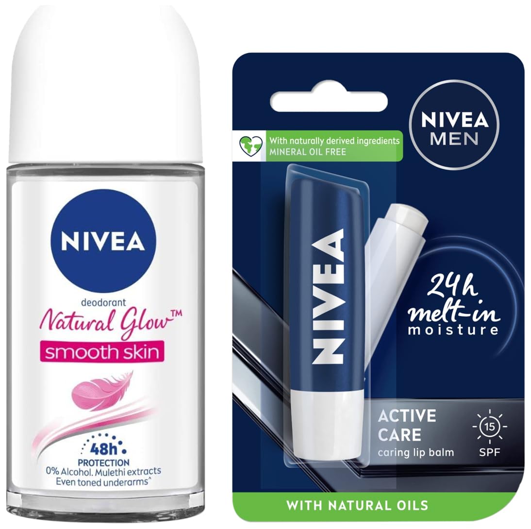 Nivea Men & Women Unscented Deodorant Roll On, Whitening Smooth Skin, 50Ml & Lip Care, Active Care Lip Balm, Spf 15, 4.8G, Pack Of 1