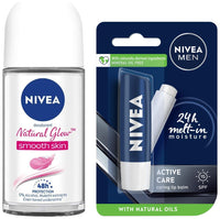 Nivea Men & Women Unscented Deodorant Roll On, Whitening Smooth Skin, 50Ml & Lip Care, Active Care Lip Balm, Spf 15, 4.8G, Pack Of 1