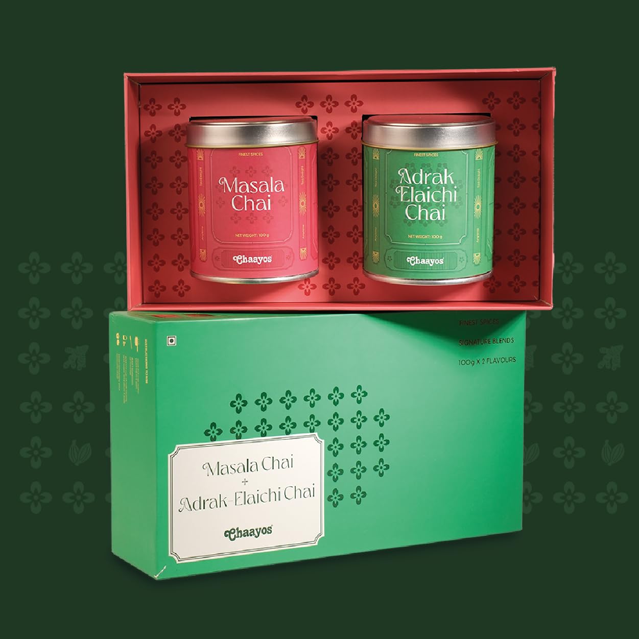 Chaayos Festival Gift Box| Masala tea & Adrak Elaichi chai for tea lovers | Tea Gift Hamper| Gift hamper for Friends & Family | Premium Gift Box 2 tins (100 gms each) of Masala Chai and Adrak Elaichi Chai | Diwali gift box set