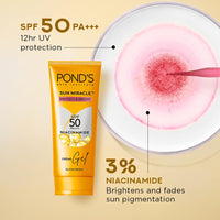 POND's Sun Miracle Spf 50 Pa+++ Crème Gel Sunscreen For All Skin Type -Protect & Bright, With 3% Niacinamide, Fade Dark Spots In 4 Weeks, Lightweight, No White Cast 12G