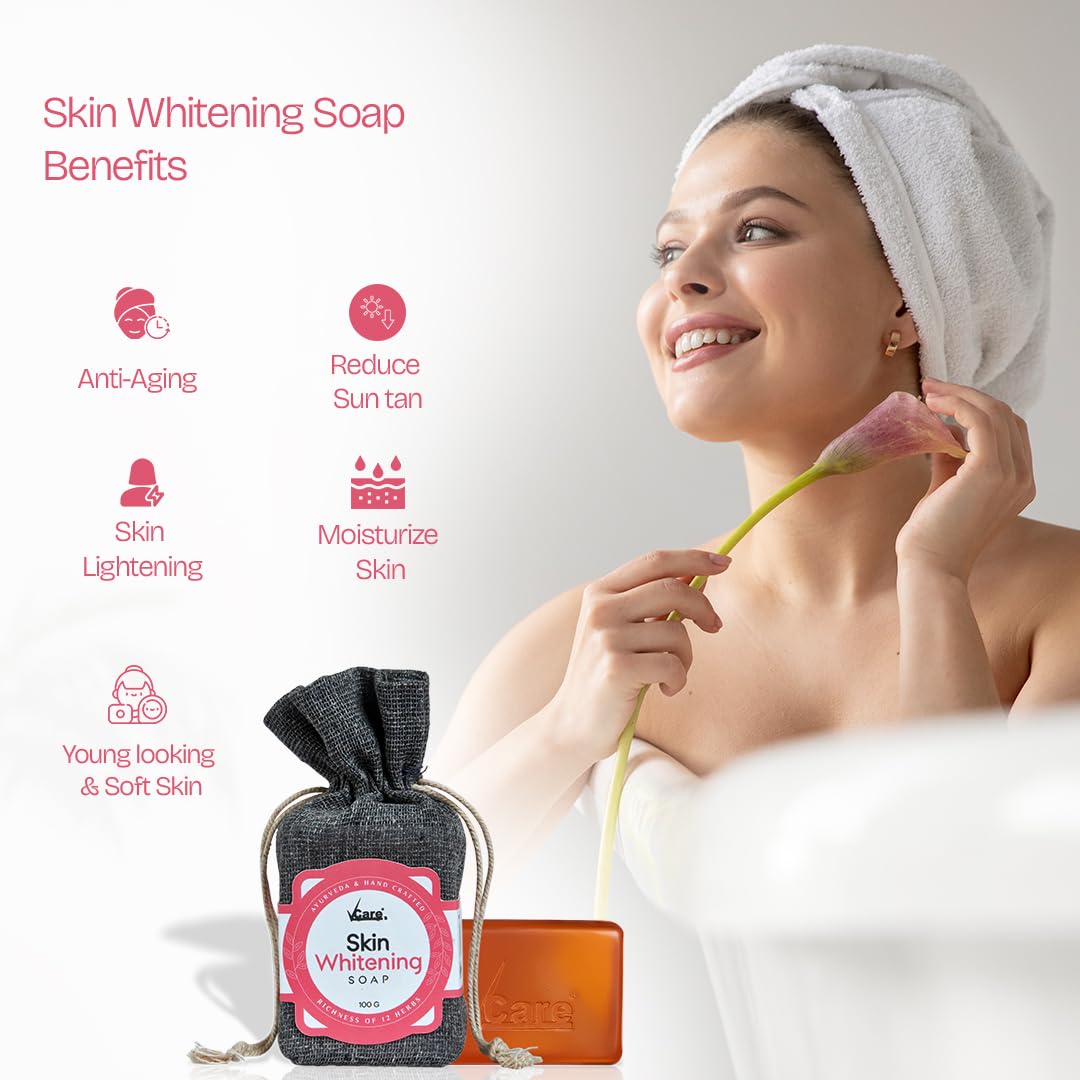 VCare Skin Whitening Soap -100 gm | Richness of 12 Herbs Ingredients with Songyi Mushroom Extract Soap bar | Exfoliates the skin impurities & improves the skin tone for both Men and Women (Pack of 5)