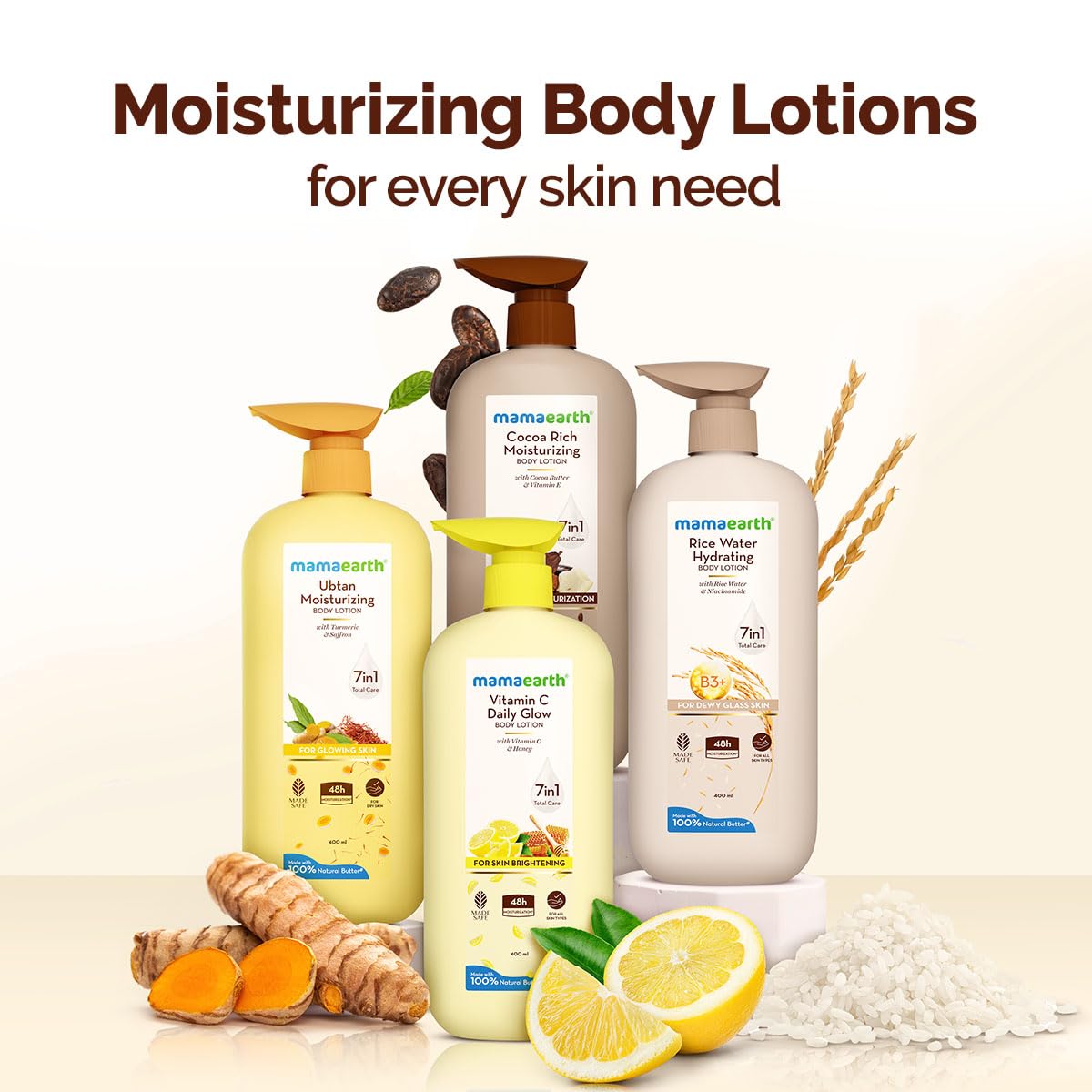 Mamaearth Ubtan Moisturizing Body Lotion with Turmeric & Saffron for Glowing Skin | 48H Moisturization | Nourishes Dry Skin | 7 in1 Total Care | 100% Natural Butter | Non-Greasy Smooth Skin | 400 ml