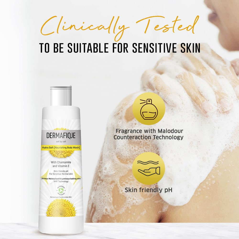 Dermafique Hydra Soft Nourishing Body Wash – 250ml, Showergel for Women & Men, No Parabens/SLS/SLES, With Vitamin E & Chamomile, Suitable for Sensitive - Normal Skin | Dermatologist Tested