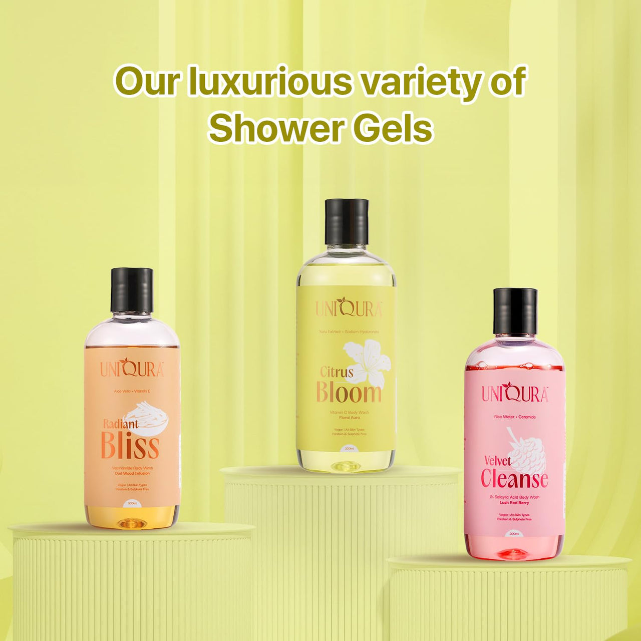 Uniqura Brightening Body Wash Combo With 1% Salicylic Acid & Vitamin C Body Washes| Prevents Body Acne & Sun Damage | Shower Gel For Men & Women (300 ml each+Free Loofah)