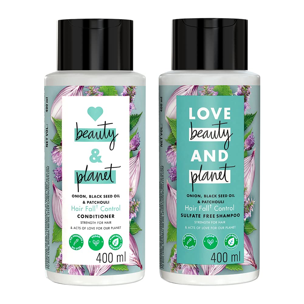 Love Beauty & Planet Onion, BlackSeed & Patchouli Hairfall Control Sulfate Free Shampoo + Conditioner Combo, 400 ml