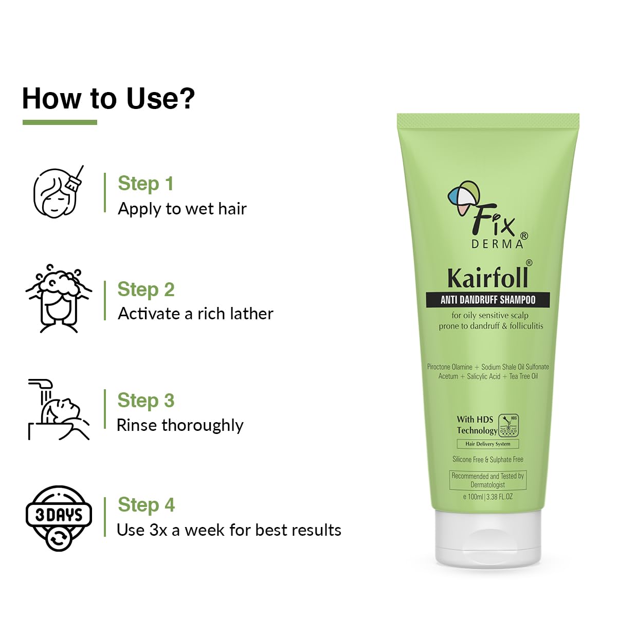 Fixderma Kairfoll Anti Dandruff Shampoo for Oily Sensitive Scalp Prone to Dandruff & Folliculitis | Anti Dandruff Shampoo for Women & Men | Salicylic Acid for Hair Fall | Sulphate Free Shampoo - 100ml