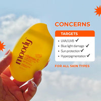 Moody SPF 50 PA+++ Vitamin C Sunscreen with UVA, UVB & Blue Light Protection for Glowing Skin| Long Lasting Hydration Lightweight | Non-Greasy, Quick-Absorbing | Zero White Cast | For Women & Men | 50 ml