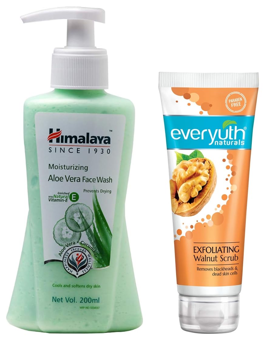 Himalaya Moisturizing Aloe Vera Face Wash, 200ml and Everyuth Naturals Exfoliating Walnut Scrub, 100g