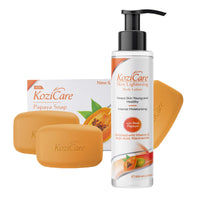 Kozicare Kojic Acid Soap & Papaya Body Lotion Combo | Body Tan Removal Soap | Bathing Soaps for Glowing Skin -Pack of 3 | Shea Butter Body Lotion | Niacinamide & Vitamin E Moisturizer For Body - 200Ml