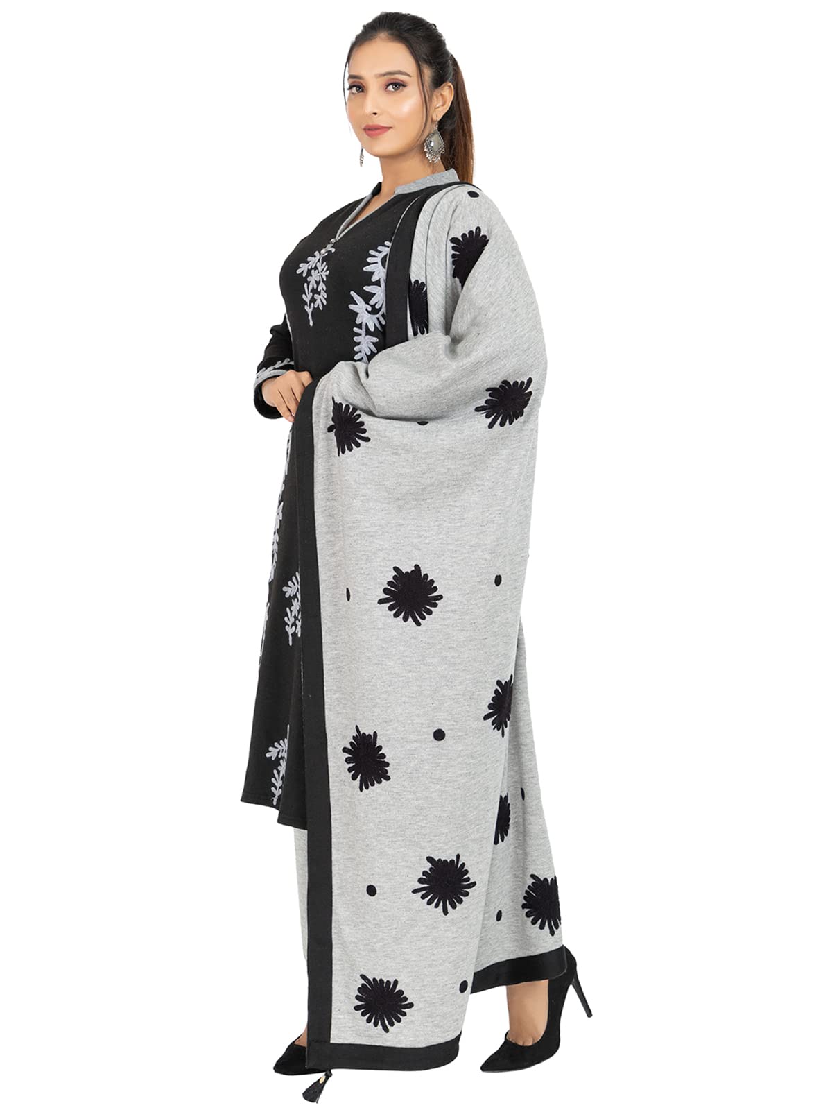 Rosary Women's  Woolen Winter Wear Mandarin Neck Full Sleeve Two Side Pocket Straight Kurta with Palazzo & Stole Set of 3 pc M Navy