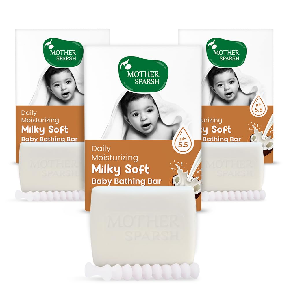Mother Sparsh Moisturizing Milky Baby Bathing Soap Bar - 75g X 3 | pH 5.5 with Milk, Coconut Oil and Vitamin E, Prevents Dryness & Rashes