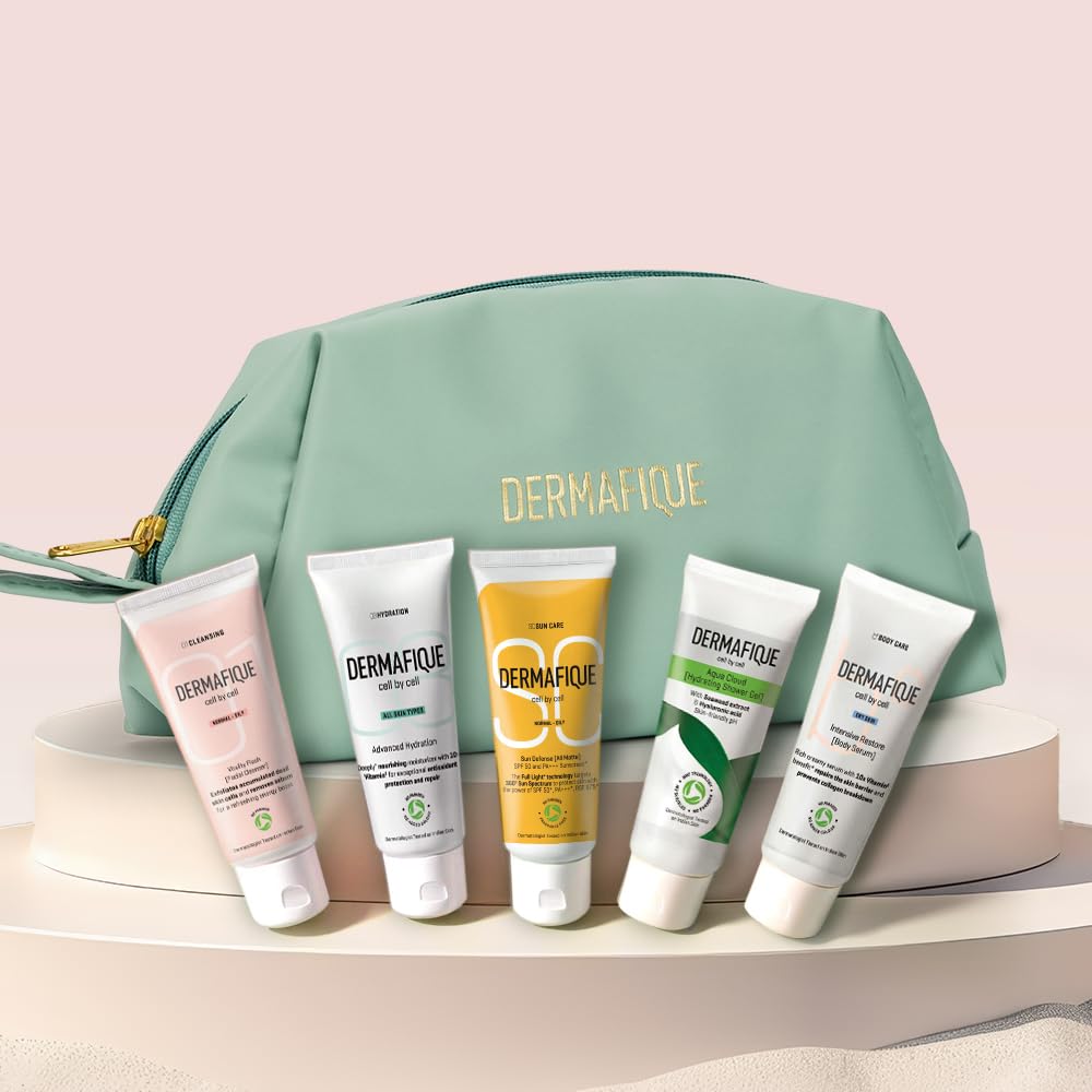 Dermafique Gift Travel Essentials-A Smart Skincare Routine Gift Set of 5, Face Wash, Face Cream, Sunscreen, Body Wash, Body Lotion For Women & Men, Dermatologist Tested, Best Birthday Gift Item by ITC