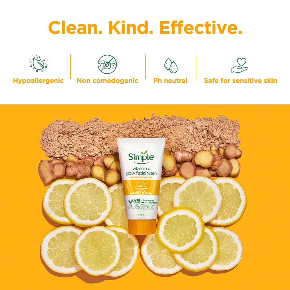 Simple Protect N Glow Vitamin C Glow Facial Wash 100ml | 100% Soap-Free Facewash | Bright & radiant skin| For dull & tired skin