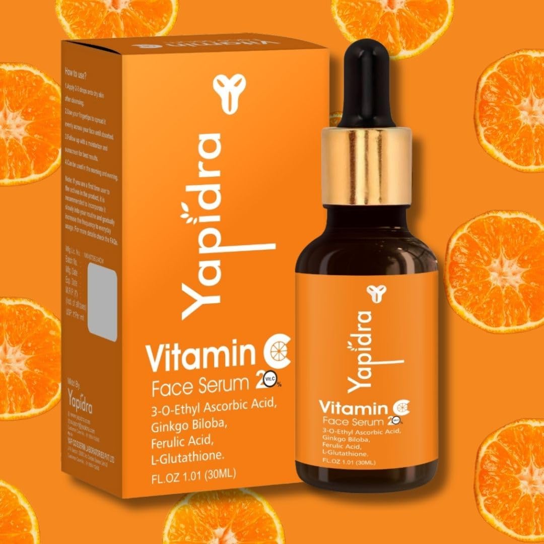 Yapidra Vitamin C 20% Face Serum | Brightening & Hydrating with Ferulic Acid & L-Glutathione | Boosts Radiance, Fights Oxidative Stress, Improves Texture | Lightweight | For All Skin Types | 30ml