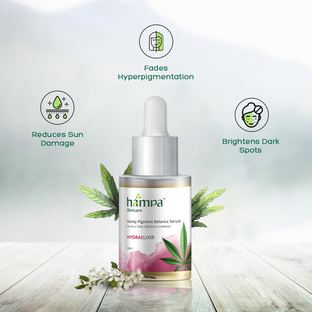 Hampa Hemp Pigment Balance Serum, for Pigmentation & Dark Spots, Nourishment for Radiant, Clear, Glowing Skin, Enriched with Hemp, Basil, Manuka. 100% Natural and ayurvedic, 30ml