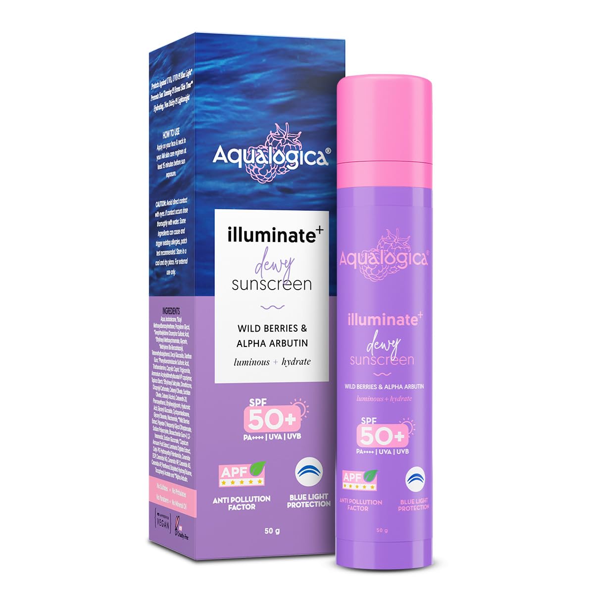 Aqualogica Illuminate+ Dewy Sunscreen Gel SPF 50+ PA++++ with Wild Berries & Alpha Arbutin | Broad Spectrum SPF 50+ PA++++ | UVA/B & Blue Light Protection | Evens Skin Tone | Fragrance-Free & No White Cast | For Luminous & Sun Protected Skin | 50 g