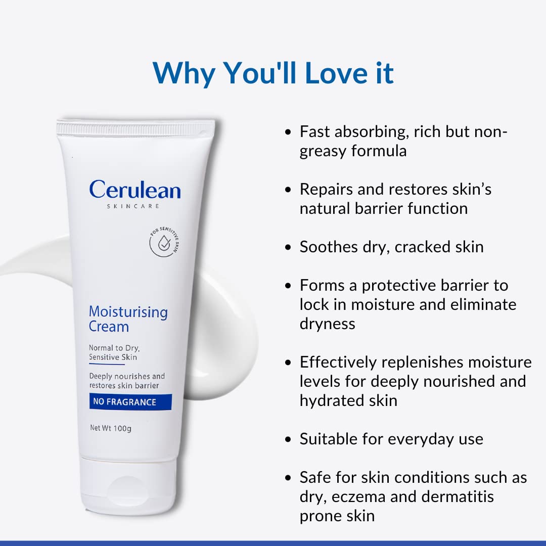 Cerulean Moisturiser for Dry Skin | Glycerin & Hyaluronic for Intense Moisturizing and Skin Strengthening | 100gm | Non-Greasy Barrier Repair Cream with Vitamin E | Dermatologist Recommended Moisturising Cream for Women | Paraben & Fragrance-Free | Non-Co