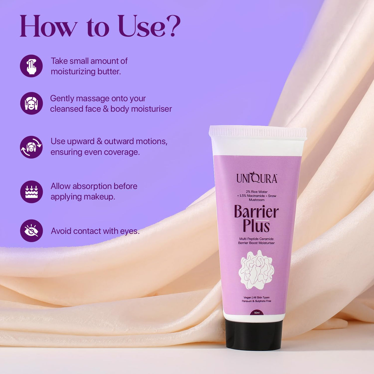 Uniqura Peptide Ceramide Moisturiser Cream for Dry to Normal Skin (50ml) - Formulated with Rice Bran Water & Niacinamide, Non-Comedogenic Moisturizer For Face and Body Barrier Repair Cream