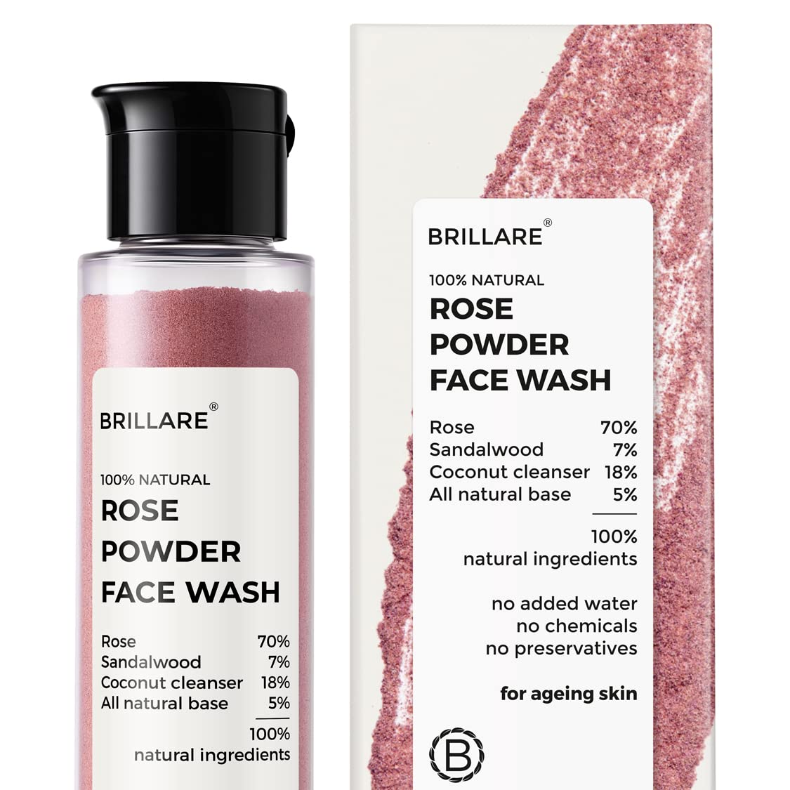 Brillare Rose Face Wash, Anti Ageing Skin, Sandalwood & Coconut Face Wash for Hydration Reduces Ageing Signs & Wrinkles, 100% Natural Powder Face Wash, 30g