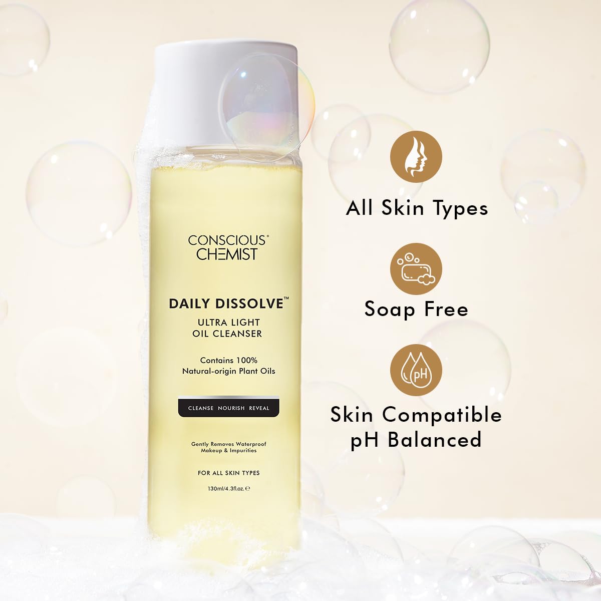 Conscious Chemist Makeup Remover Oil Cleanser|130 Ml|Face Wash, Cleanser Oily Skin, Makeup Remover. Men & Women. Removes Waterproof Makeup, Spf & Impurities. Soft & Glowing Skin - Daily Dissolve