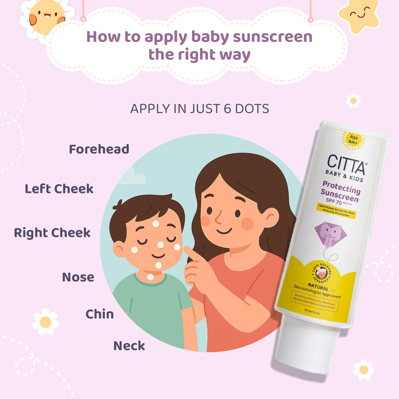 CITTA Baby & Kids Sunscreen SPF 70 PA++++ | UVA/UVB/Digital Blue Light Protection | Hypoallergenic & Non-Greasy | Dermatologist Approved | With Humus Extract for Skin Immunity | Paraben-Free | 60g