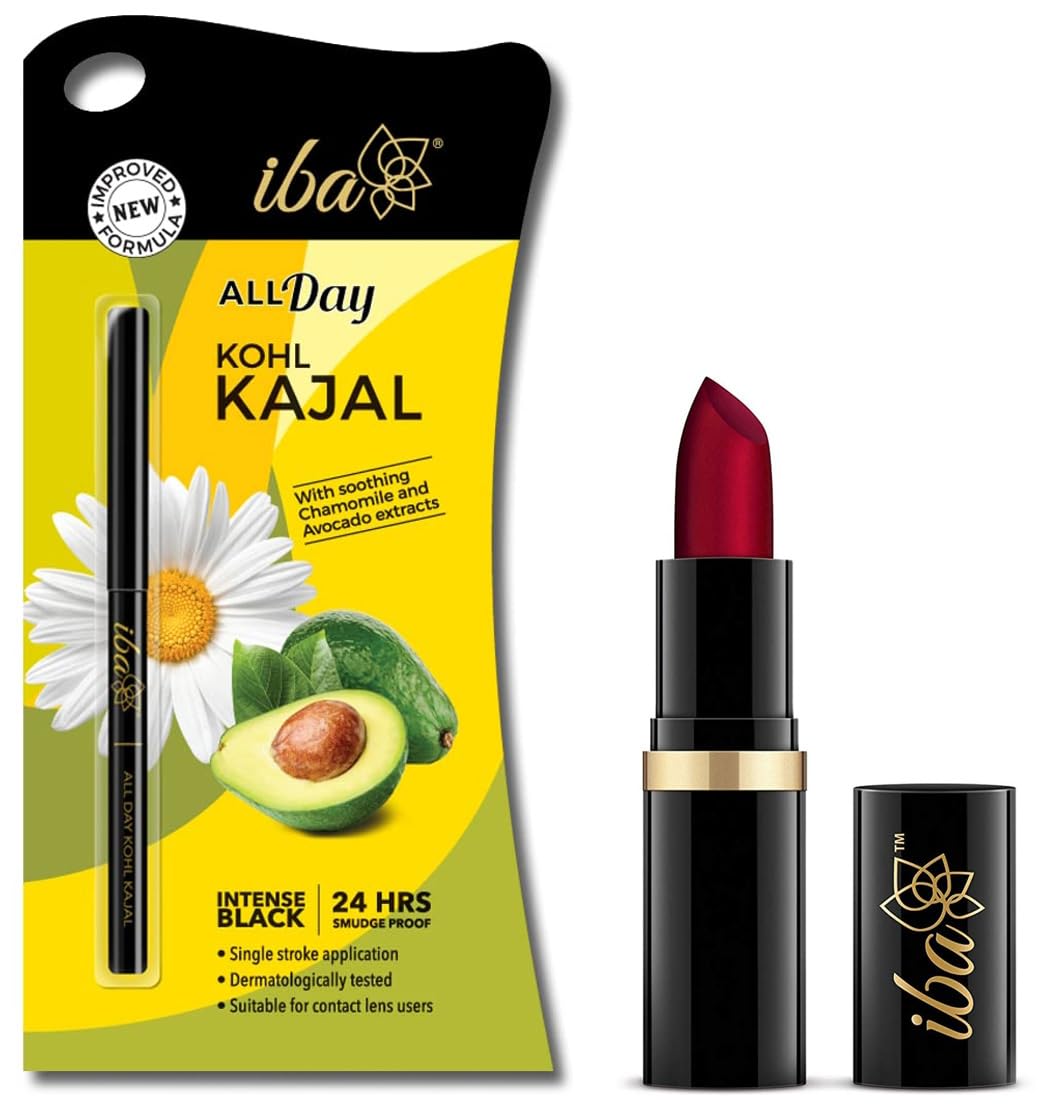 Iba Halal Care Pure Lips Moisturizing Lipstick Shade - A65 Ruby Touch, 4g and Halal Care All Day Kohl Kajal - Jet Black, 0.35g (Cream Finish)