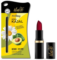 Iba Halal Care Pure Lips Moisturizing Lipstick Shade - A65 Ruby Touch, 4g and Halal Care All Day Kohl Kajal - Jet Black, 0.35g (Cream Finish)