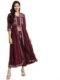Juniper Maroon Rayon Printed Jacket Style Kurta Pant Set