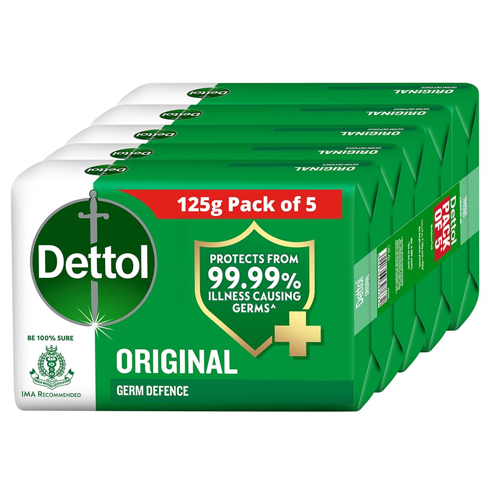 Dettol Original Germ Protection Bathing Soap Bar (625gm) | Kills 99.99% germs, 125gm , Pack of 5