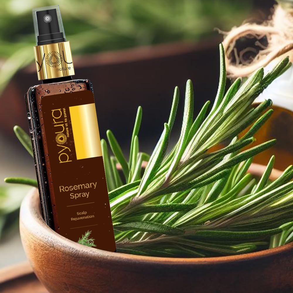 PYOURA Rosemary Water Spray 100ml for hair fall control, Natural Non-greasy Heat Protection Serum Mist Toner supports hair growth, Ayurvedic Pure Herbal 100% extract of fresh rosemary leaves.
