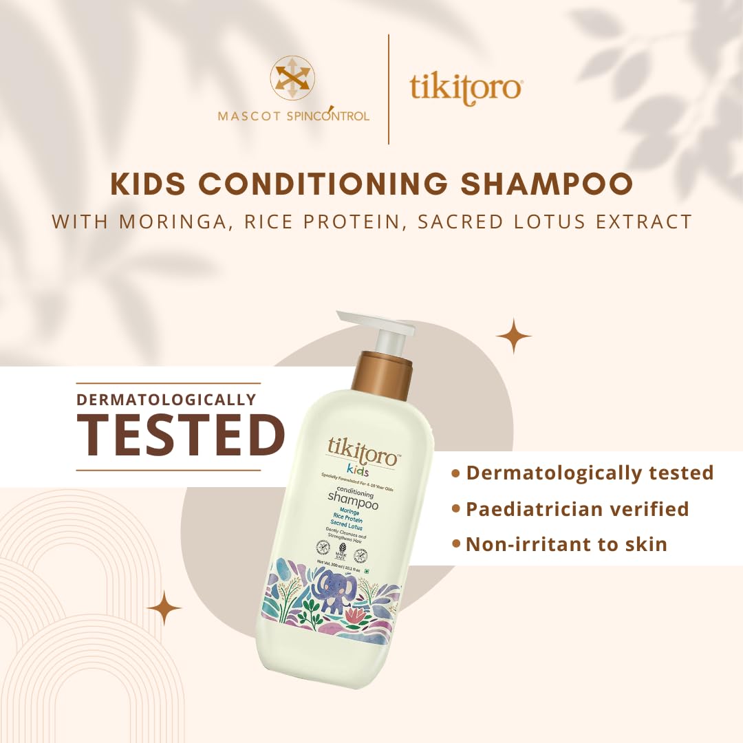 Tikitoro Kids Conditioning Shampoo, 100% Vegan with Moringa, Rice Protein and Sacred Lotus Extract with No Parabens & Sulphates (Age: 4+ Years) (300 ml x 2)