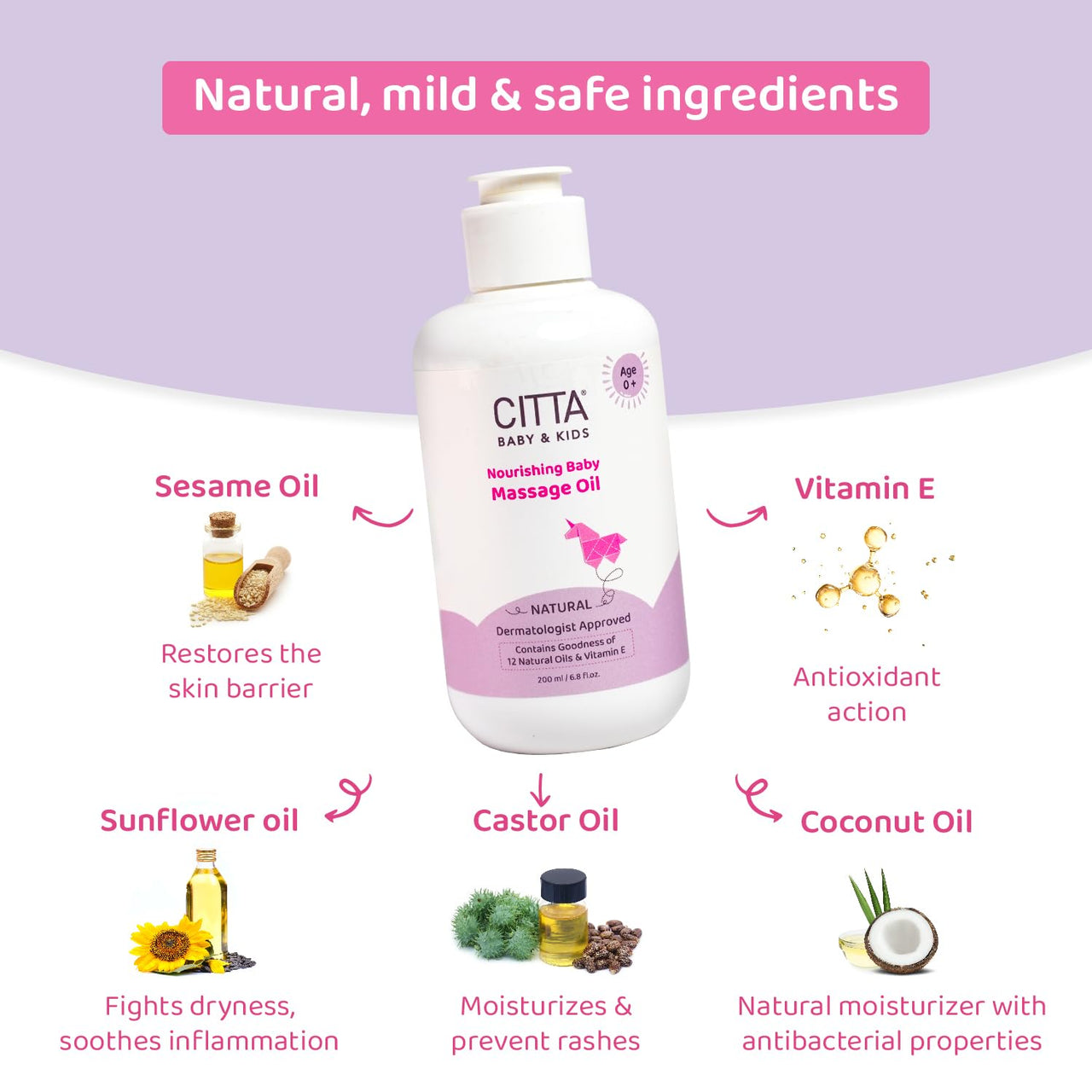 CITTA Natural Baby Massage Oil for New born & Kids | Enriched With Coconut, Olive & Almond oil for baby massage | Promote sleep and growth | Non-Sticky Baby Oil | 200 ml