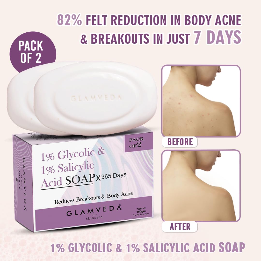 Glamveda Anti Acne 1% ww Glycolic Acid & 1% ww Salicylic Acid Soap | Reduces Dark Spots, Acne Scars & Hyperpigmentation - 75gm Pack of 2