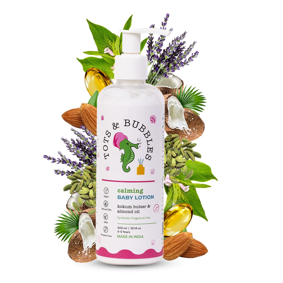 Tots & Bubbles Calming Baby Body Moisturizing Lotion – 300ml | Pediatrician Recommended Baby Cream | Kokum Butter & Sweet Almond Oil | Helps in Skin Nourishment | Coconut & Cardamom Oil, Konjac Root Extracts | No Artificial Fragrance, 0-5 years