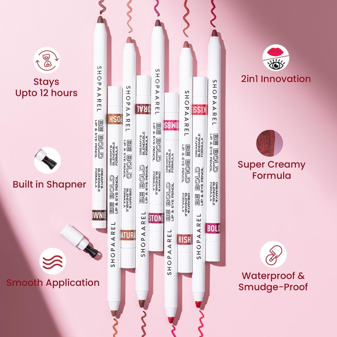 SHOPAAREL BE BOLD Lip & Eye Pencil, 2-in-1 Lip & Eye Liner, Creamy & Blendable, Lip Liner, Built-In Sharpener, Matte Finish, Eye Liner, Intense Pigment, Smudge-Proof, Long Lasting-0.4 Gm, Sandy
