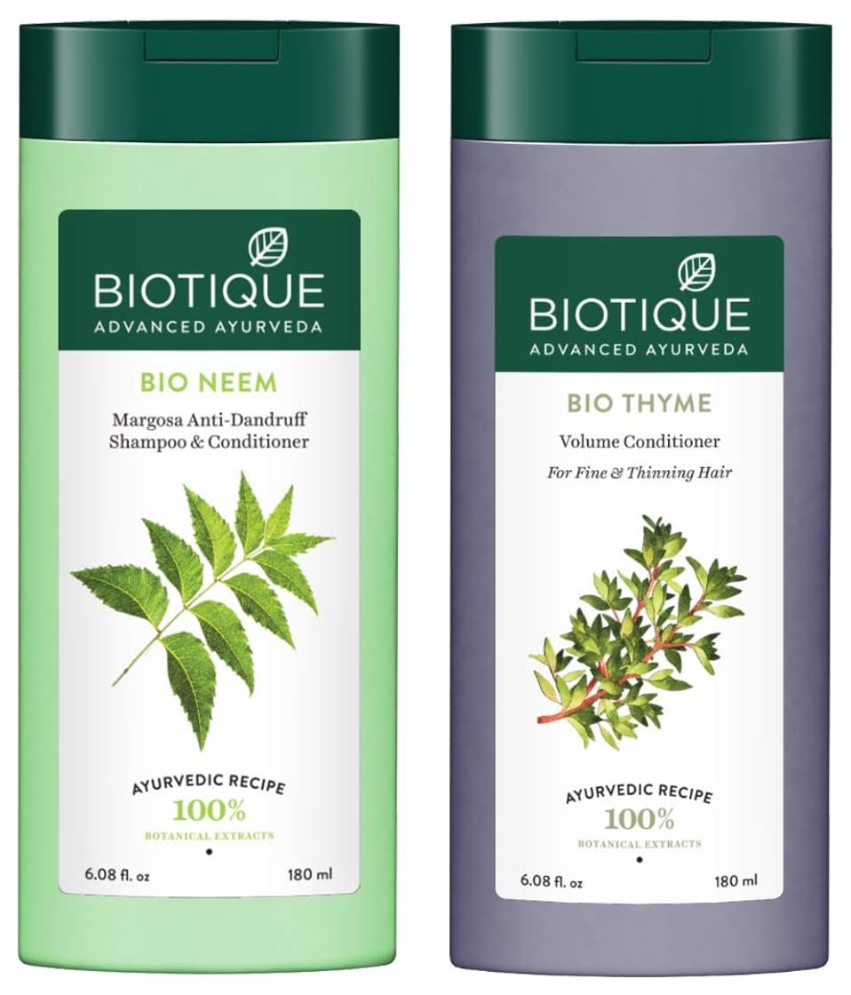 Biotique Bio Neem Margosa Anti Dandruff Shampoo and Conditioner, 180ml & Biotique Bio Thyme Volume Conditioner for Fine and Thinning Hair, 180ml