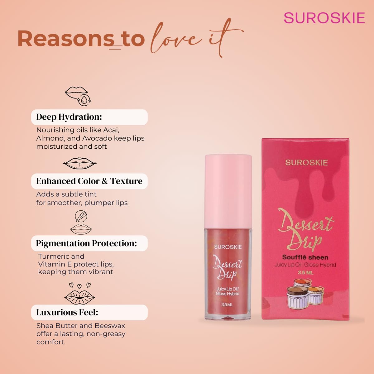 Suroskie Lip Oil Dessert Drip Souffle Sheen (Nude, 3.5Ml) | 2-In-1 Formula | Deep Hydrating Gloss | Upto 12 Hrs | High Glossy Shine | Avocado & Shea Butter | Non-Sticky | Korean Lip Gloss For Women