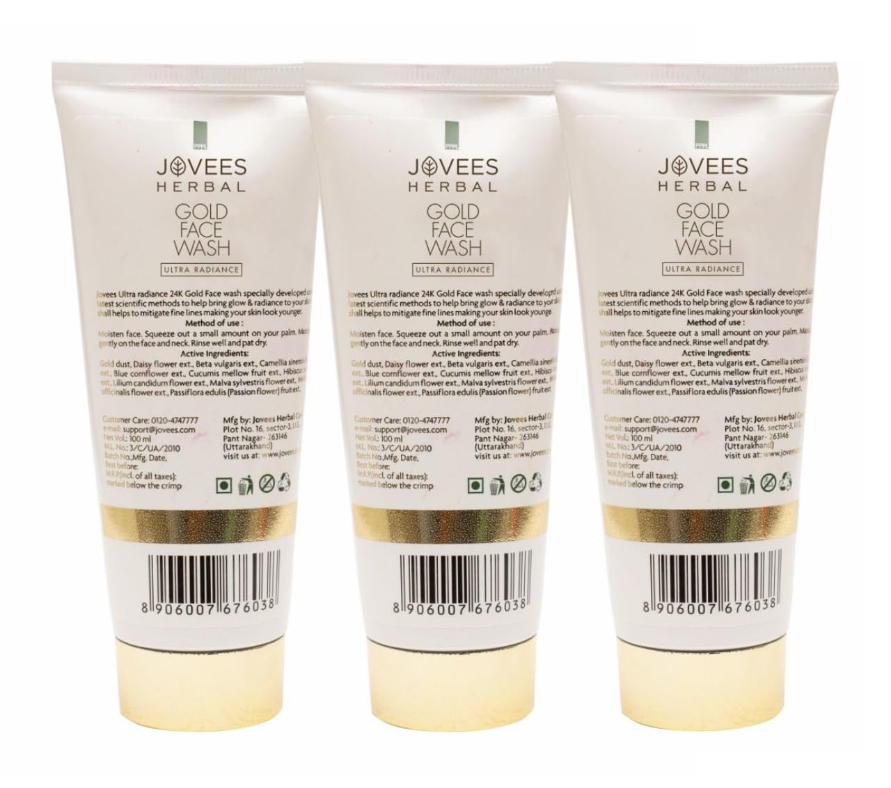 Jovees Herbal Ultra Radiance Gold Face Wash Gives Clear, Nourished & Hydrated Skin, Reduce Dark Spot And Improves Skin Texture | For All Skin Types 100ml (pack of 3)