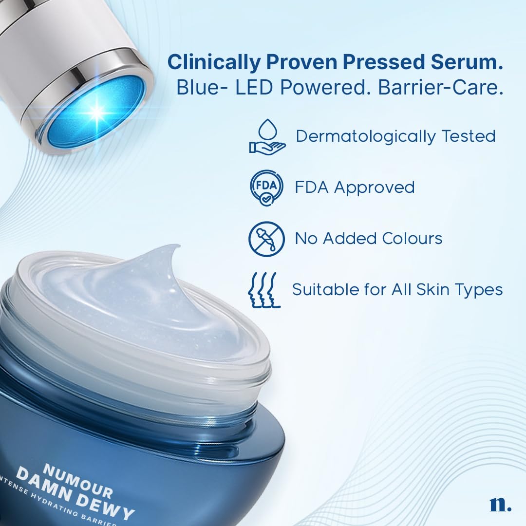 Numour Damn Dewy Face Moisturiser | 7% Hyaluronic Acid | Deep Hydration, Barrier Repair | Blue LED Massager for Enhanced Absorption | 30g | All Skin Types