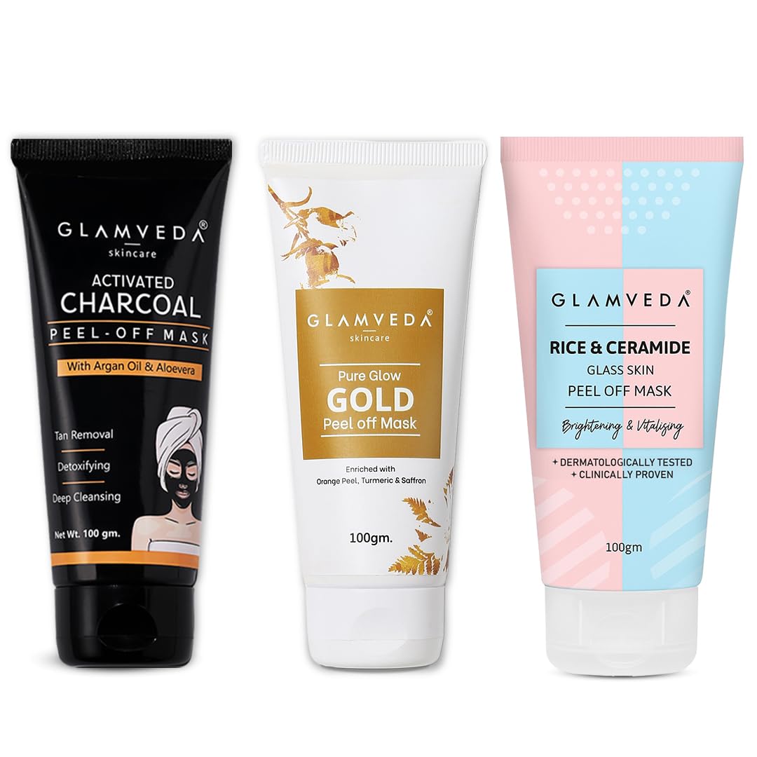 Glamveda Pack of 3 Korean Glass Skin Rice & Ceramide, Activate Charcoal & Gold Peel Off Mask 100gm | Face Pack For Men & Women | Remove Blackheads, Signs of Ageing & Skin Brightening | All Skin Types