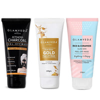 Glamveda Pack of 3 Korean Glass Skin Rice & Ceramide, Activate Charcoal & Gold Peel Off Mask 100gm | Face Pack For Men & Women | Remove Blackheads, Signs of Ageing & Skin Brightening | All Skin Types