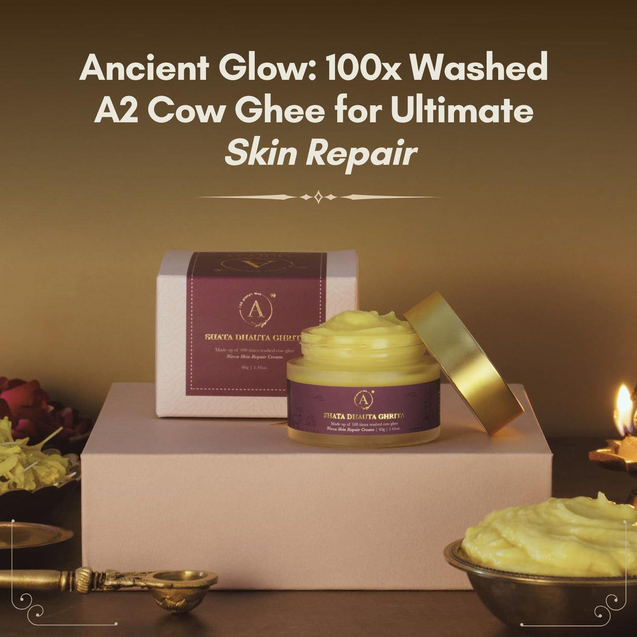 ADHYAY | Shata Dhauta Ghrita Skin Renewal Cream | Nourishing Hydrating & Age-Defying Ayurvedic Formula | Wrinkle Repair & Skincare | Infused with 100 times washed Cow Ghee & Marigold Extracts | 40gm