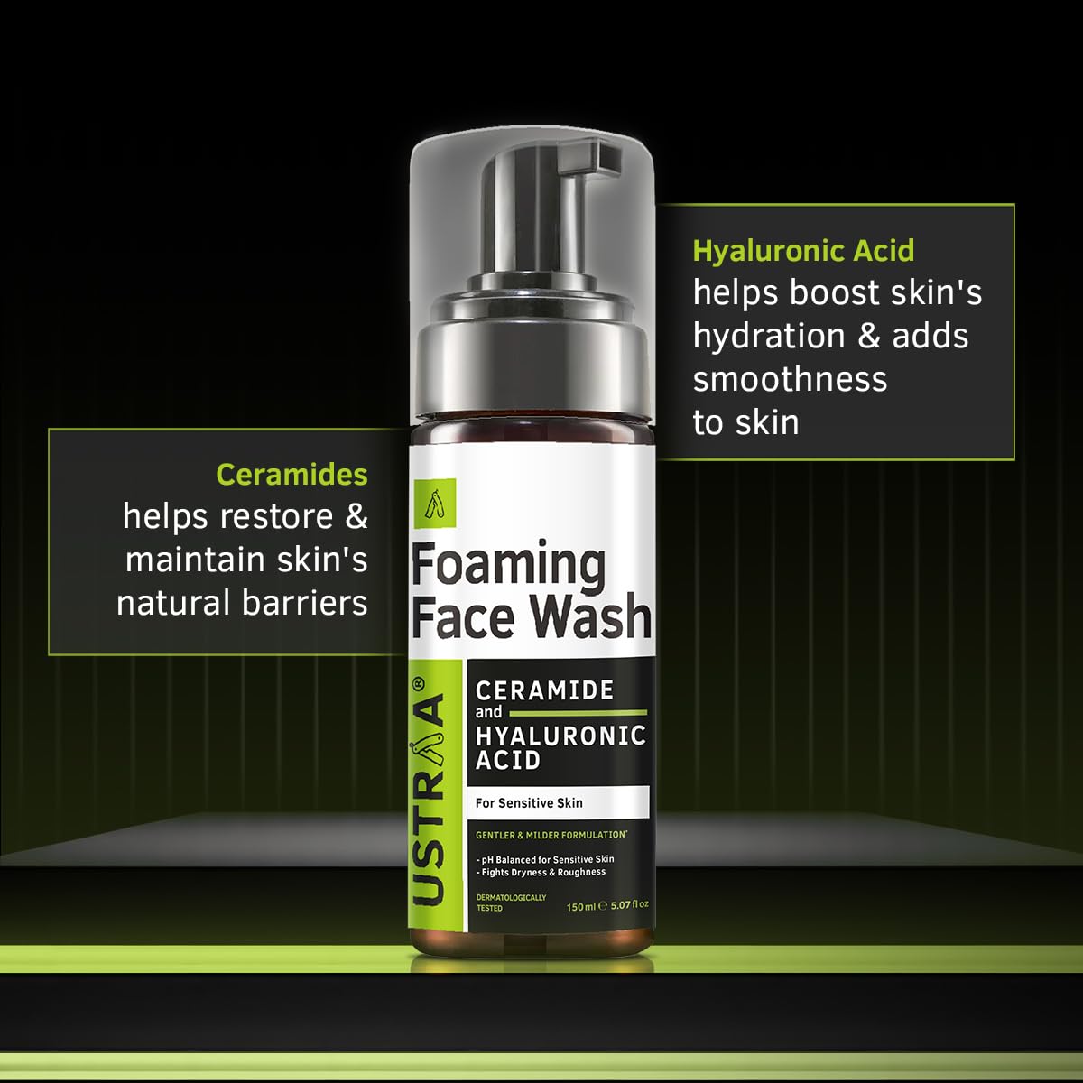 Ustraa Foaming Face Wash - 150ml - with Ceramide & Hyaluronic Acid - For Sensitive Skin | Gentle Formulation | Keeps pH in Balance | Dermatologically Tested | NO SLS, NO PARABEN