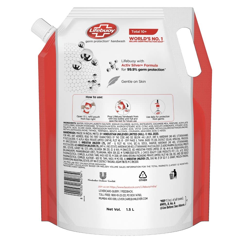 Lifebuoy Total 10 Germ Protection Liquid Hand Wash 1.5 L Refill Pack, Kills 99.9% Germs, Liquid Hand Soap Fights Bacteria and Viruses