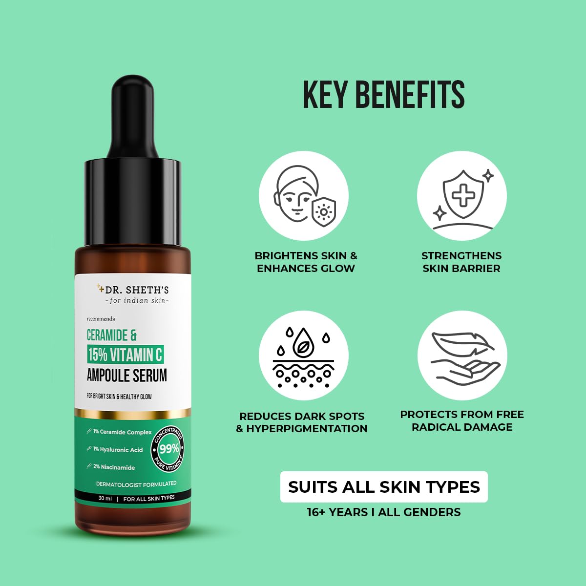 Dr. Sheth's Non-Irritating Ceramide & 15% Vitamin C Ampoule Serum| Reduces Dullness & Dark Spots| Brightens & Repairs Skin Barrier |For Advance Users| 99% Pure Grade Vitamin C |All Skin Types |30 ml
