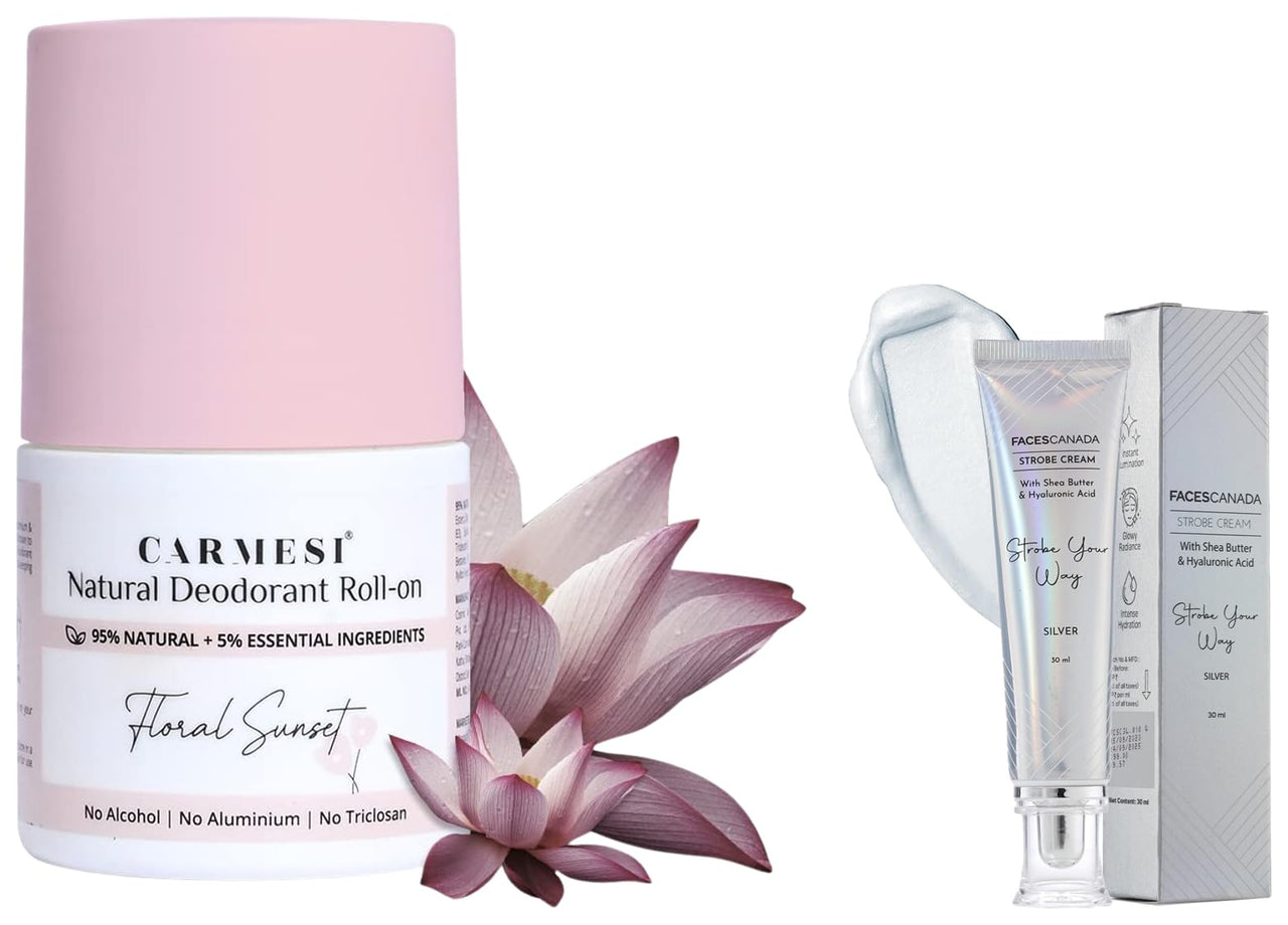 Carmesi Natural UnderArms Roll On Deodorant for Women 50ml and FACES CANADA Strobe Cream - Silver 30ml