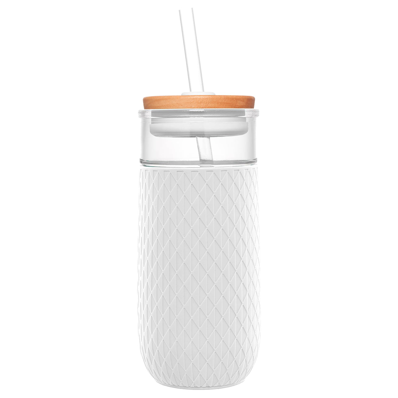 Ello Devon Glass Tumbler with Splash Proof Wooden Lid and Straw, Protective No Sweat Silicone Sleeve, Perfect for Smoothies and Iced Coffee, BPA Free, Dishwasher Safe, White, 18oz