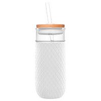 Ello Devon Glass Tumbler with Splash Proof Wooden Lid and Straw, Protective No Sweat Silicone Sleeve, Perfect for Smoothies and Iced Coffee, BPA Free, Dishwasher Safe, White, 18oz